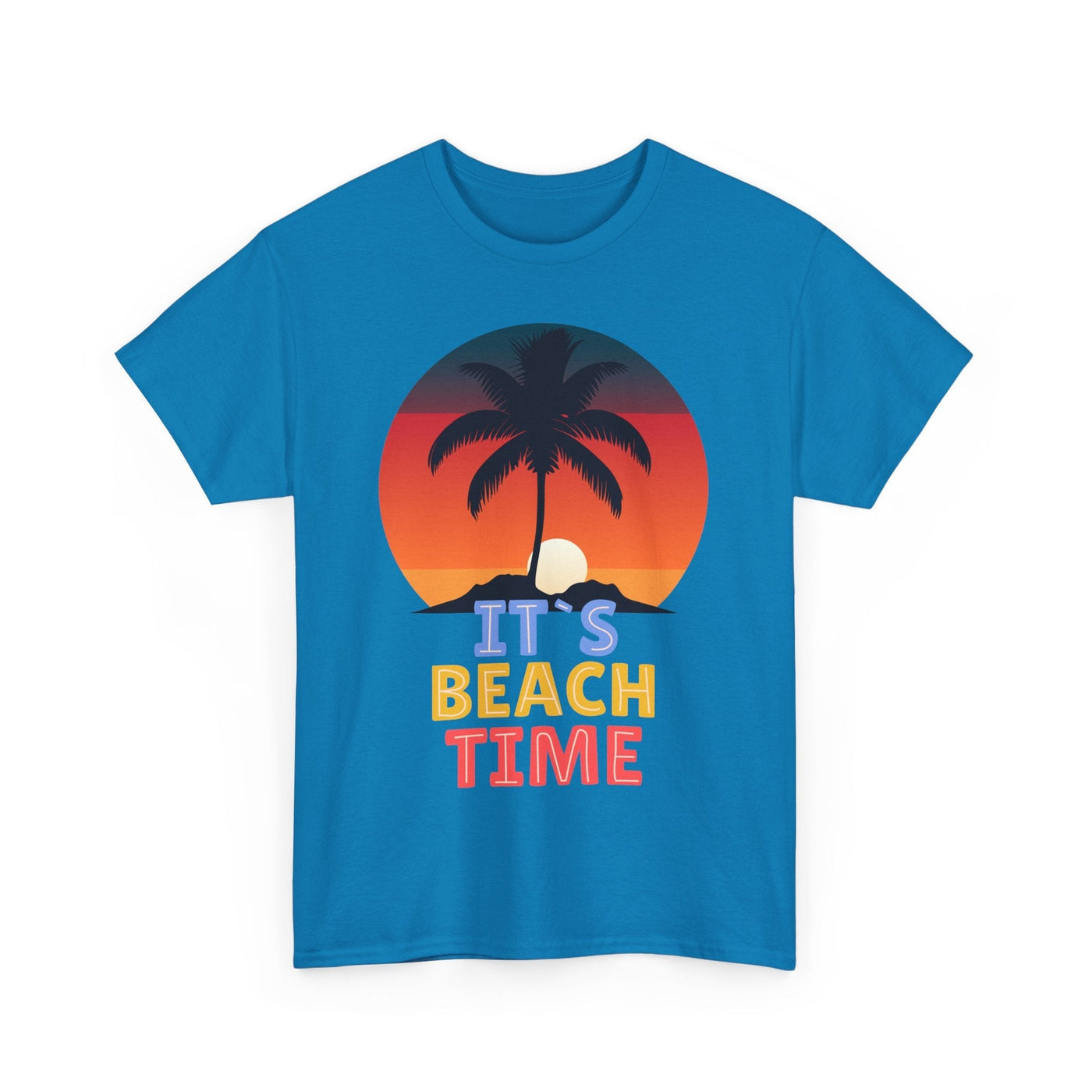 Unisex blue t-shirt with "It's Beach Time" graphic, featuring a palm tree and sunset design for Summer 2025.