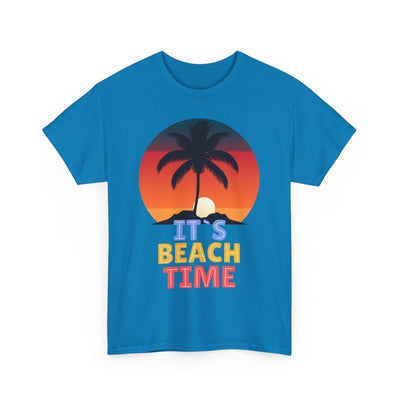 Unisex blue t-shirt with "It's Beach Time" graphic, featuring a palm tree and sunset design for Summer 2025.