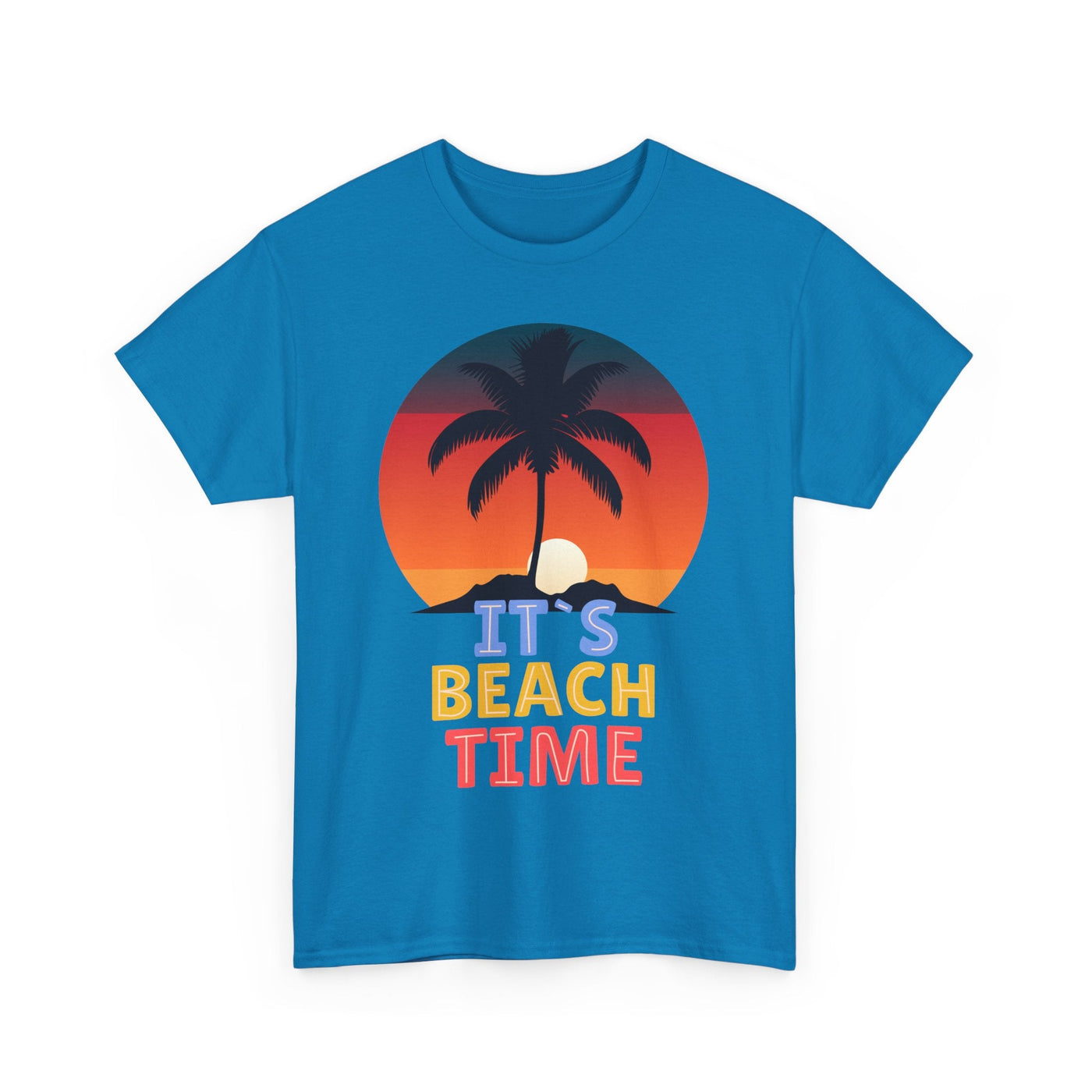 Blue unisex t-shirt with "It's Beach Time" text and sunset palm tree graphic for Summer 2025.