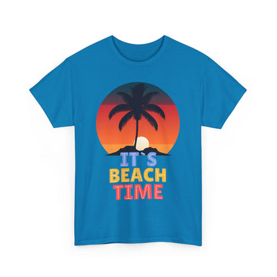 Blue unisex t-shirt with "It's Beach Time" text and sunset palm tree graphic for Summer 2025.