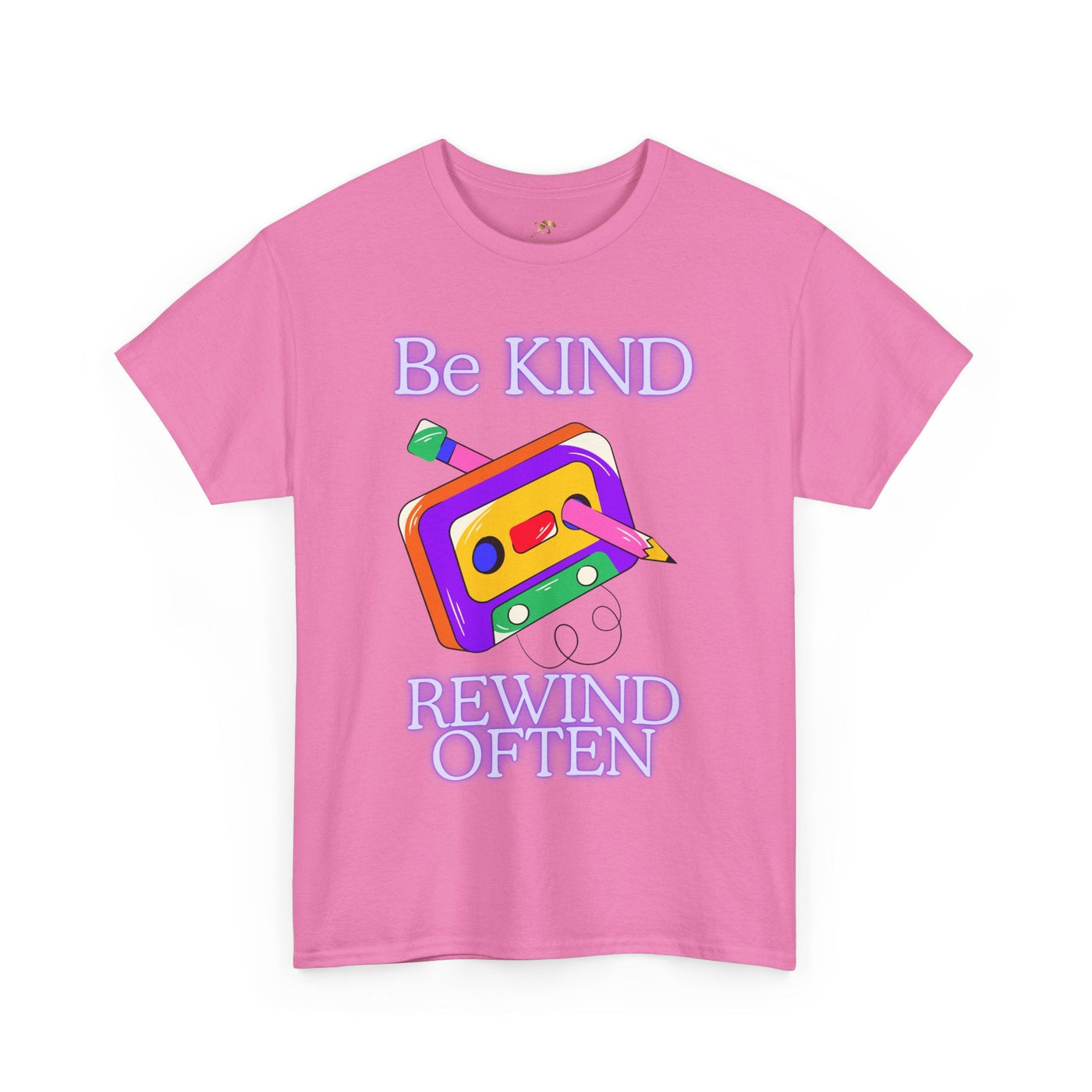 Pink t-shirt with retro cassette design and the phrase "Be Kind, Rewind Often," embodying 90s nostalgia.