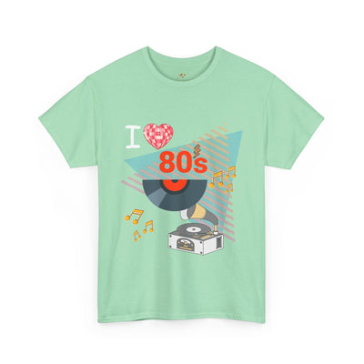 Mint green 80's Music Lover T-shirt with retro vinyl record and music notes graphic, unisex cotton tee.