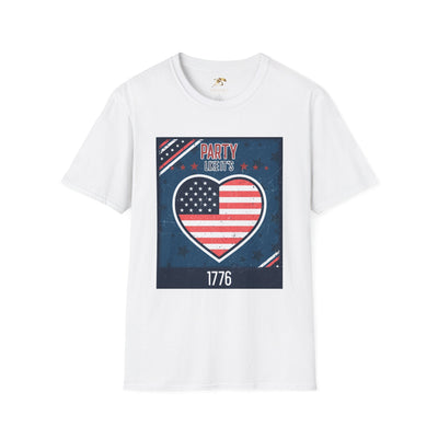 1776 Patriotic Party T-Shirt with American flag heart design; ideal for Independence Day celebrations.