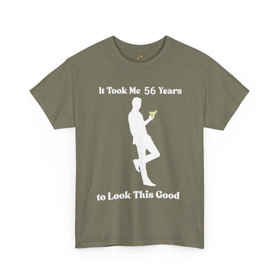 Funny birthday t-shirt with "It Took Me Years to Look This Good" slogan, featuring a silhouette holding a margarita, perfect for sarcastic style and margarita lovers.