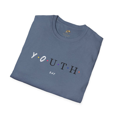 Youth Day Celebration unisex t-shirt with colorful dots, classic fit, lightweight cotton fabric, and crew neckline in blue.