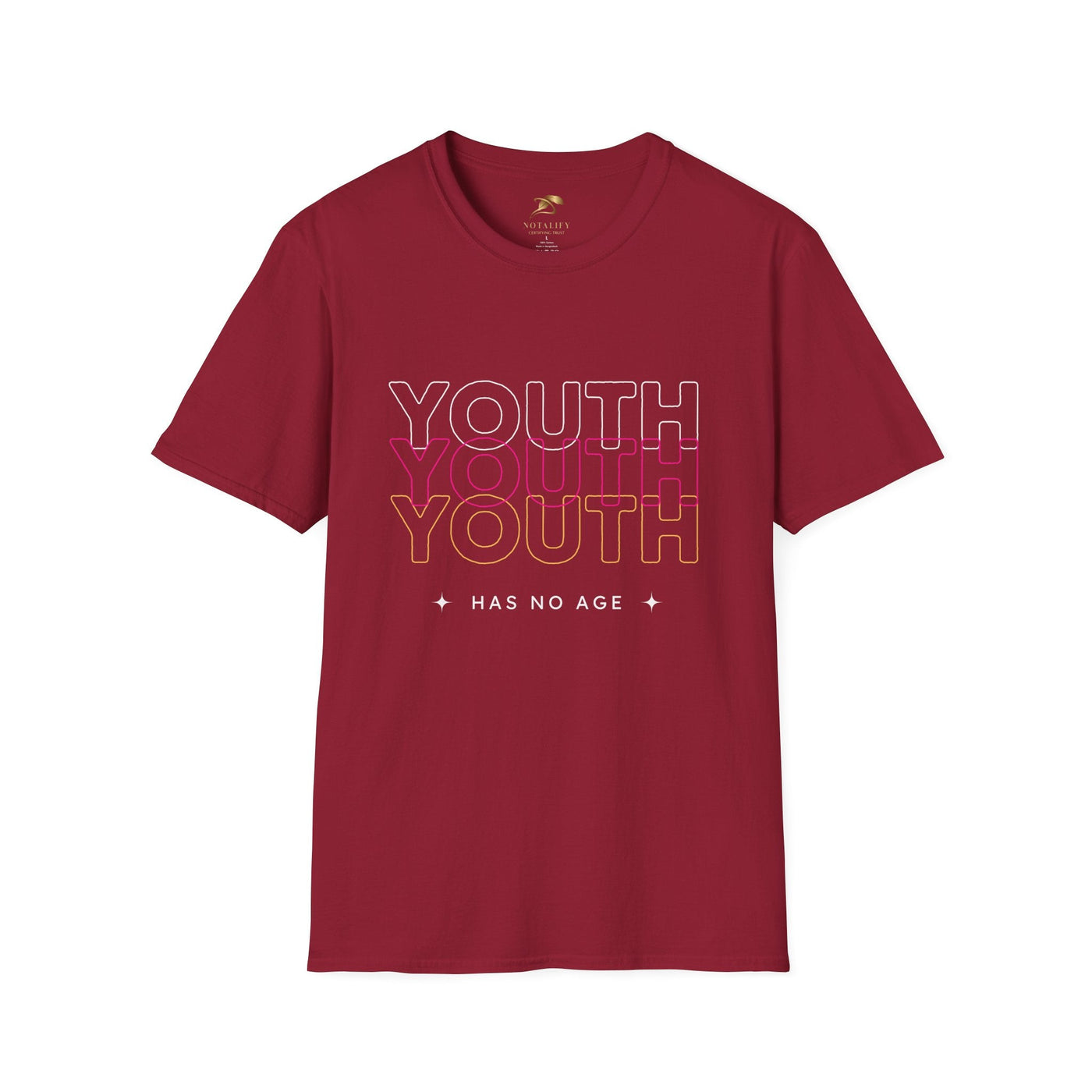 Youth Day Unisex Softstyle T-Shirt in maroon with "YOUTH HAS NO AGE" graphic, classic fit, crew neckline, and 100% ring-spun cotton fabric.