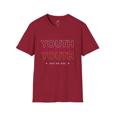 Youth Day Unisex Softstyle T-Shirt in maroon with "YOUTH HAS NO AGE" graphic, classic fit, crew neckline, and 100% ring-spun cotton fabric.