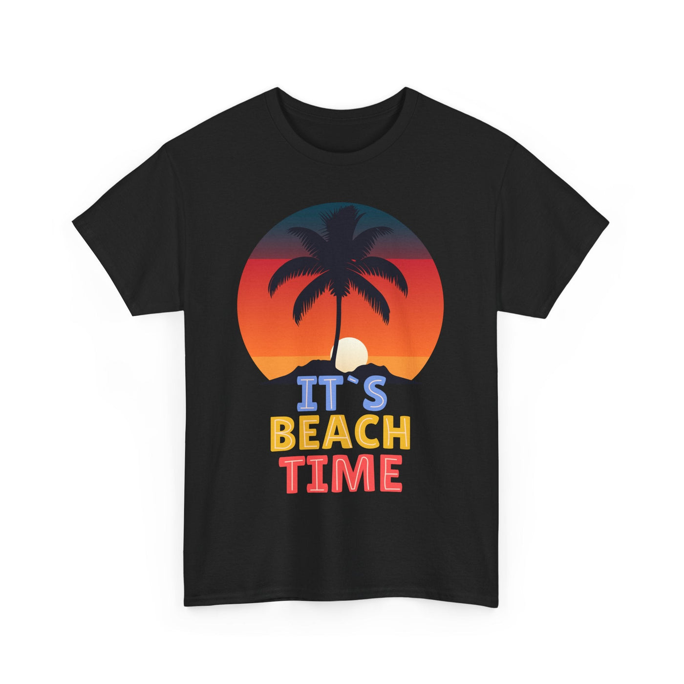 Unisex "It's Beach Time" Summer 2025 T-Shirt with vibrant palm tree and sunset graphic, ideal for vacations and beach lovers.