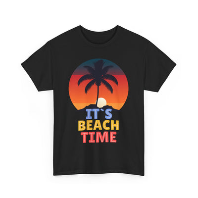 Unisex "It's Beach Time" Summer 2025 T-Shirt with vibrant palm tree and sunset graphic, ideal for vacations and beach lovers.