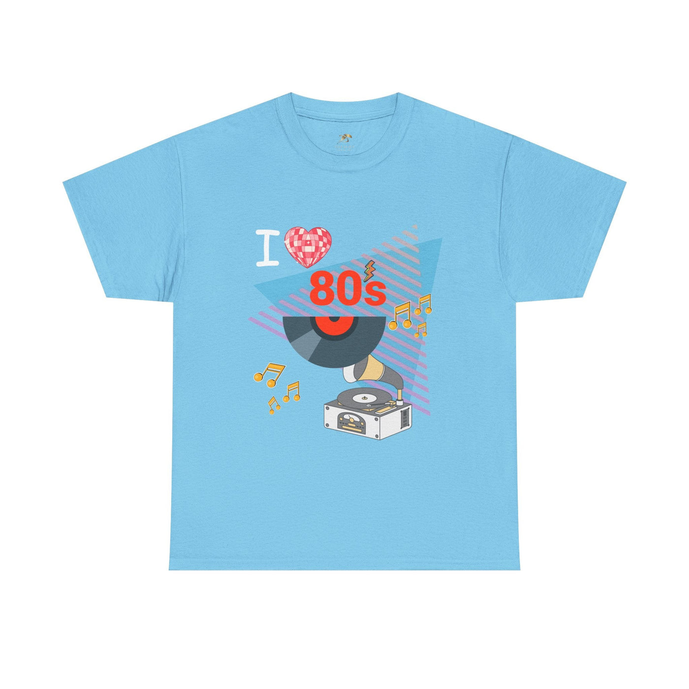 Light blue unisex 80's Music Lover T-shirt with retro vinyl record and music notes graphic