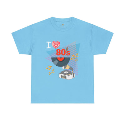 Light blue unisex 80's Music Lover T-shirt with retro vinyl record and music notes graphic