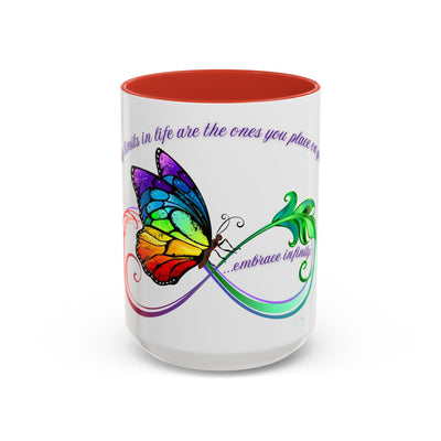 Inspirational butterfly coffee mug with embrace infinity design and colorful accents.
