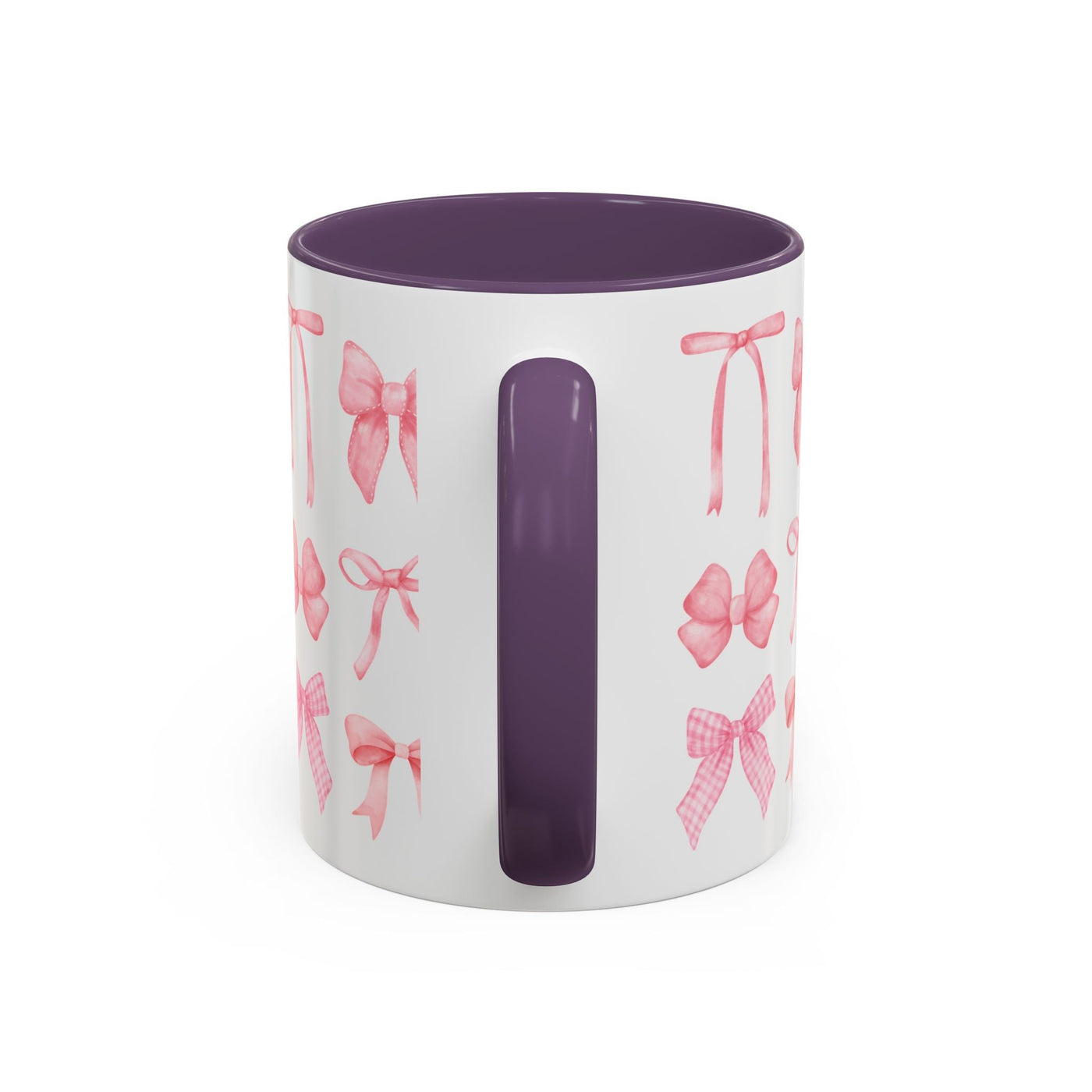 Personalized Mother's Day coffee mug with coquette bow design, purple interior and handle.