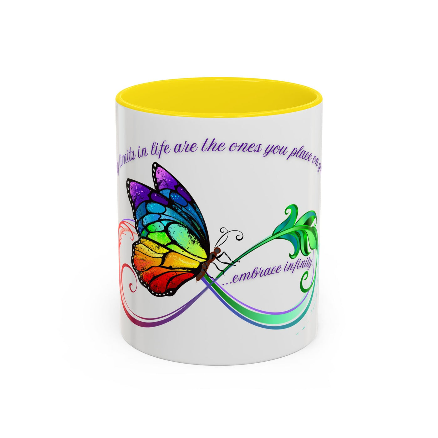 Inspirational butterfly coffee mug with colorful embrace infinity design, perfect gift for motivational moments.