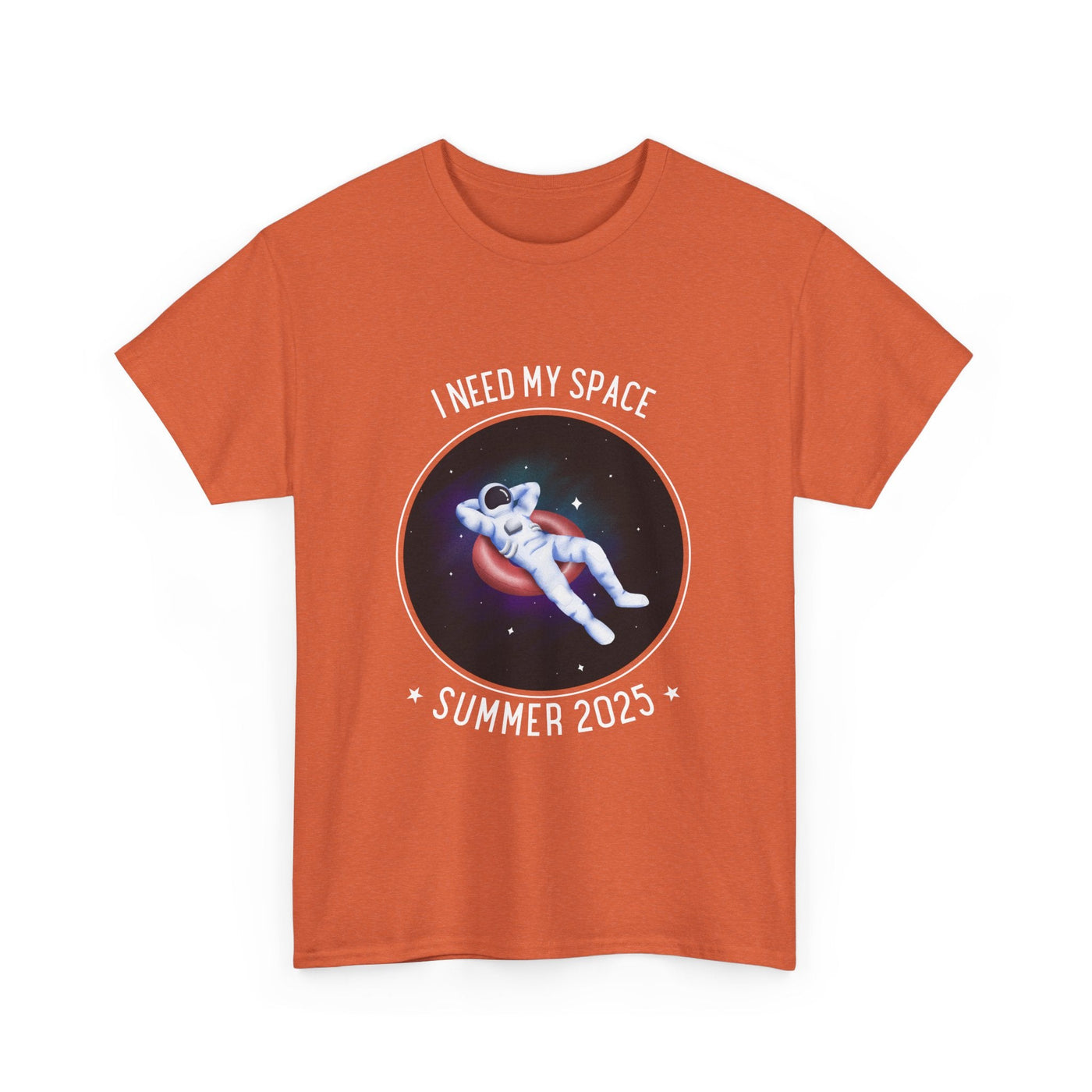 Astronaut Space Vibes Tee with galaxy graphic on orange background.