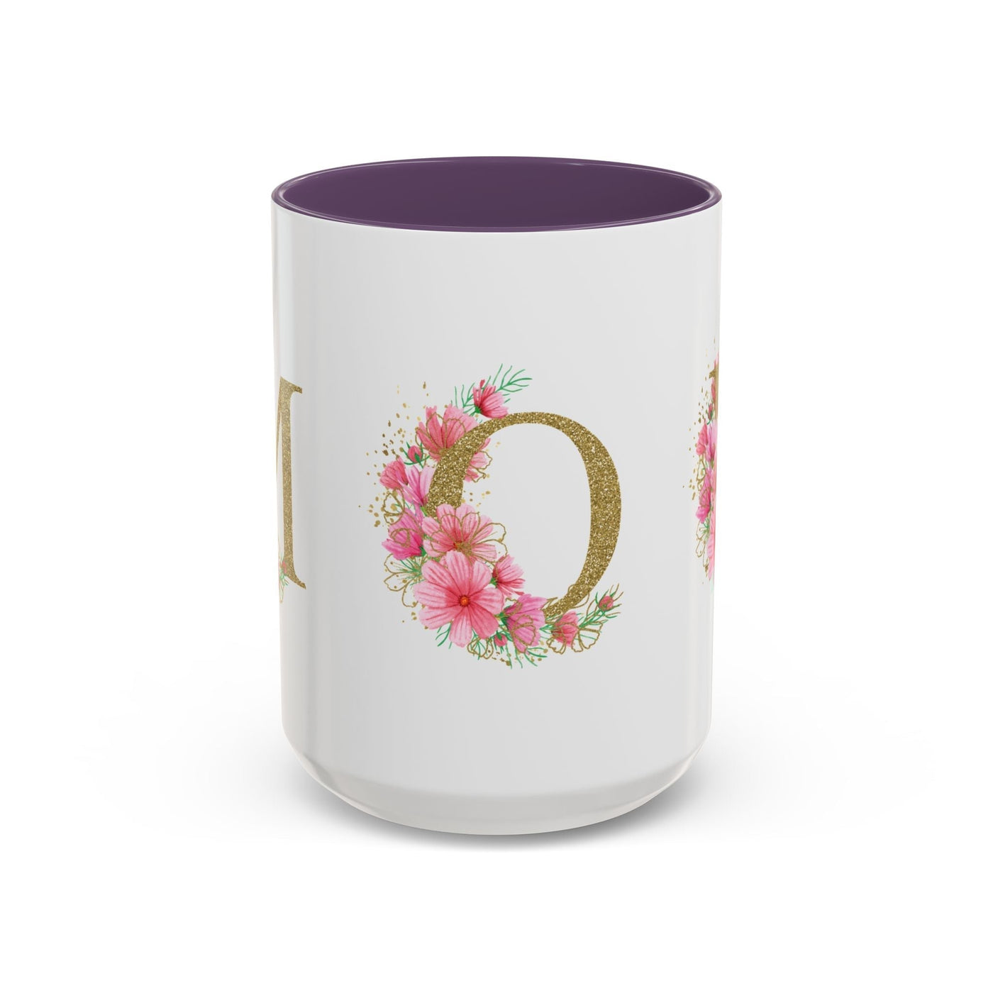 Mother's Day mug with vibrant floral design and custom accents, white ceramic exterior, purple interior.