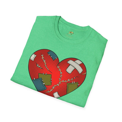 Heart Fixed Enamorados unisex T-shirt with patched heart design, perfect Valentine's Day gift for couples.