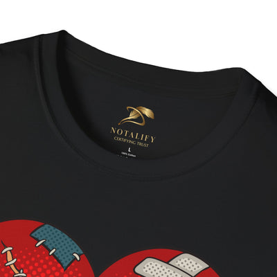 Heart Fixed Enamorados Unisex T-Shirt with patched heart design, perfect Valentine's Day gift for couples.