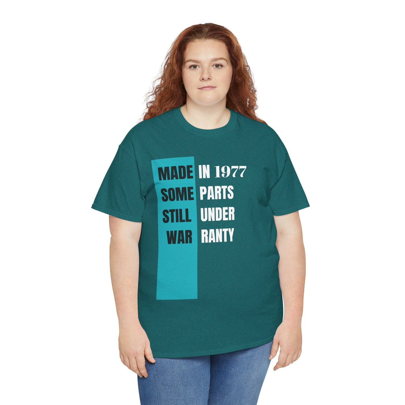 Funny aging t-shirt with "Made In Some Parts Still Under Warranty" slogan, vintage style, humorous birthday gift.