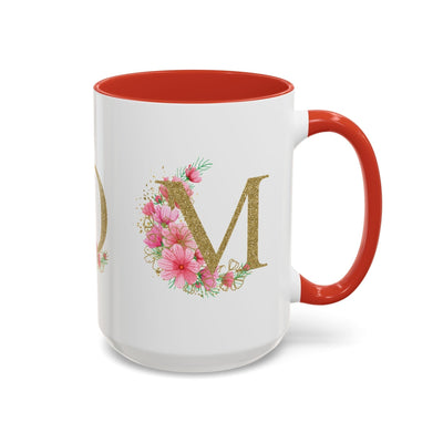 Mother's Day mug with floral design, red interior and handle, customizable gift for moms.