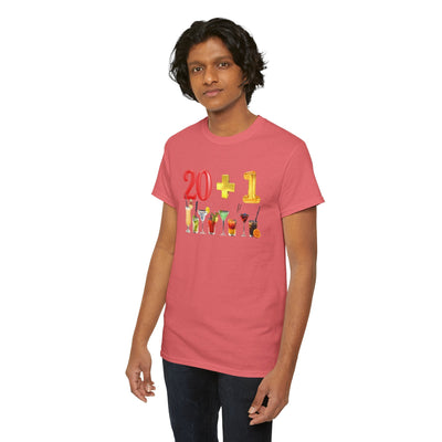 21st Birthday T-Shirt with "20 + 1" design and colorful cocktails for celebration and style.