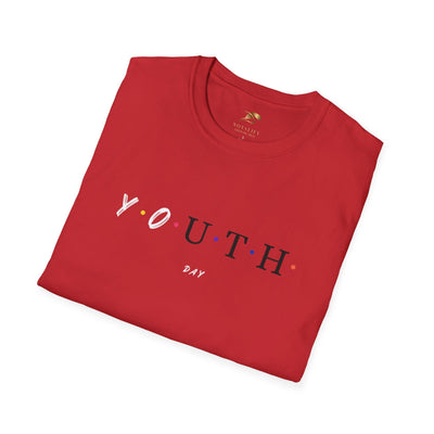 Red unisex Youth Day Celebration t-shirt with colorful dots and classic crew neckline, made from 100% cotton.