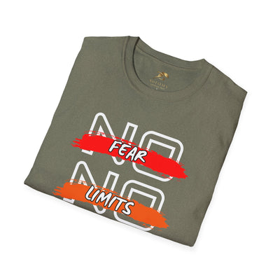 Folded olive green unisex t-shirt with "No Fear No Limits" motivational graphic in red and orange brushstroke design.