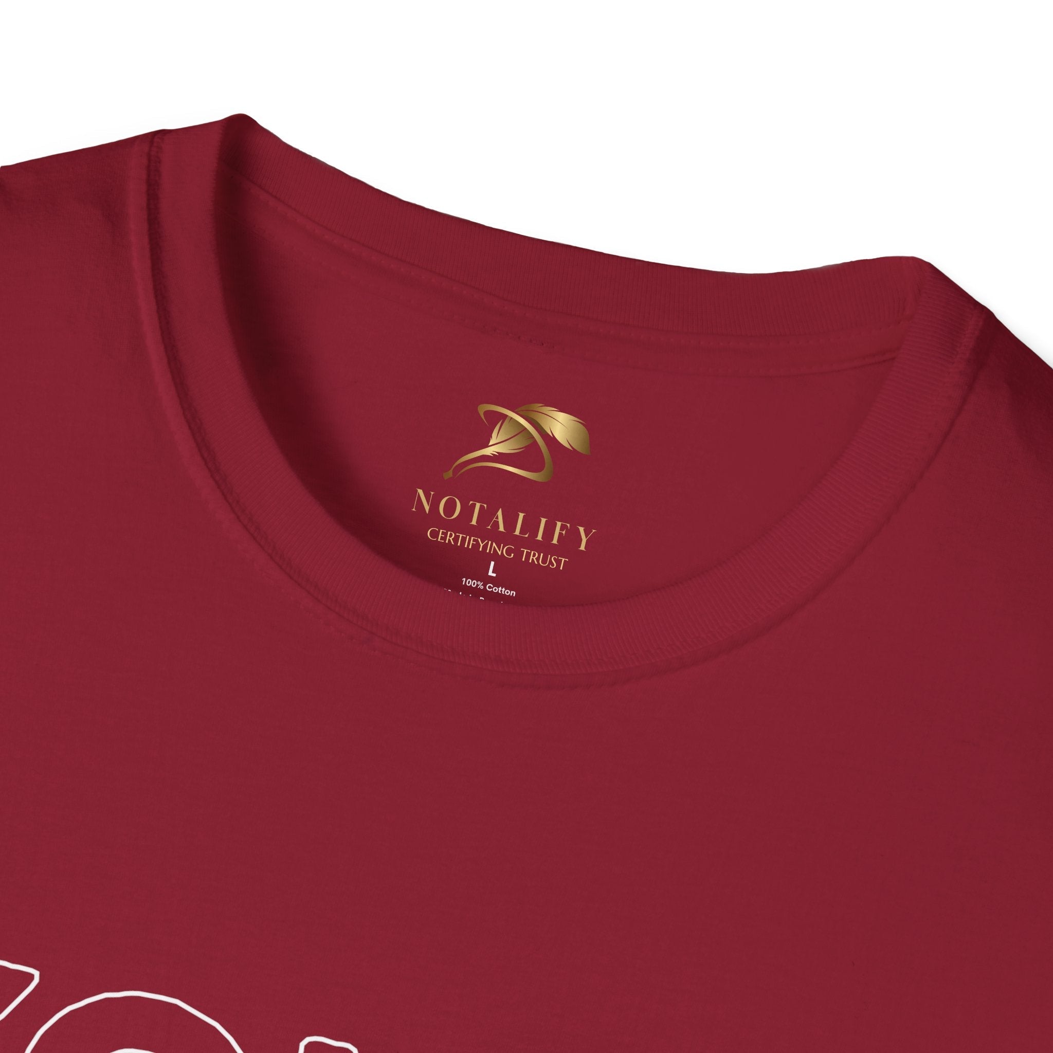 Close-up of maroon Youth Day Unisex Softstyle T-Shirt with crew neckline and printed label inside collar