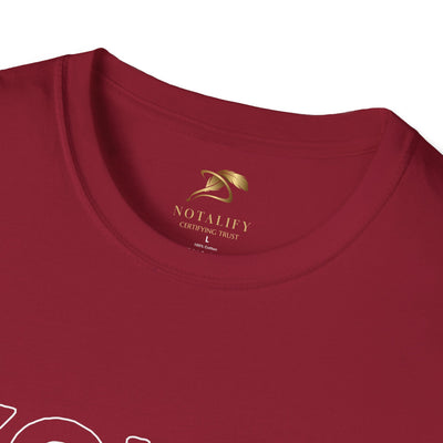 Close-up of maroon Youth Day Unisex Softstyle T-Shirt with crew neckline and printed label inside collar