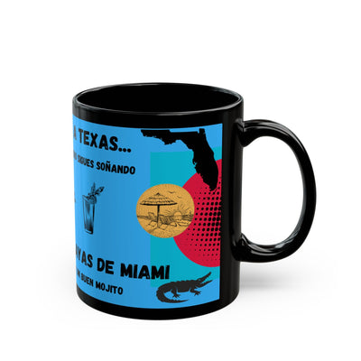 Personalized fun black mug with Texas vs Miami theme, perfect gift for coffee lovers.