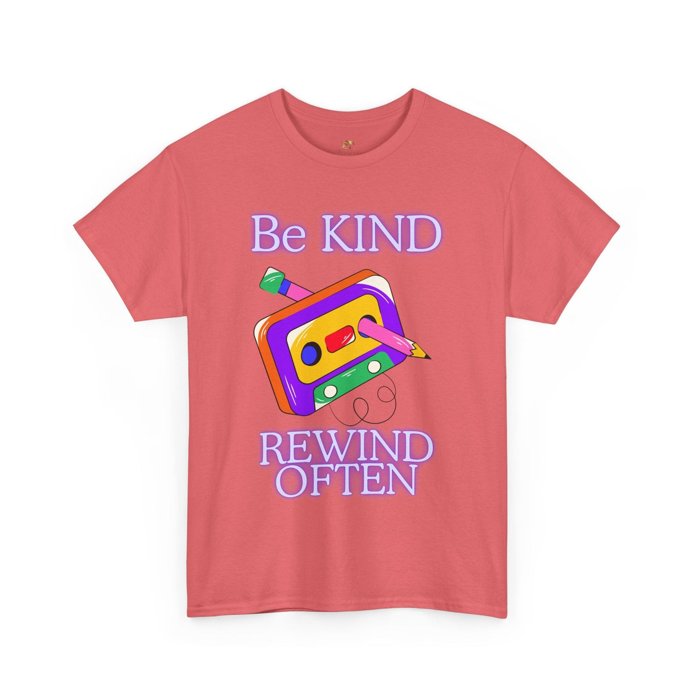 Retro "Be Kind, Rewind Often" unisex t-shirt with cassette design, 90s nostalgia, and positive message.