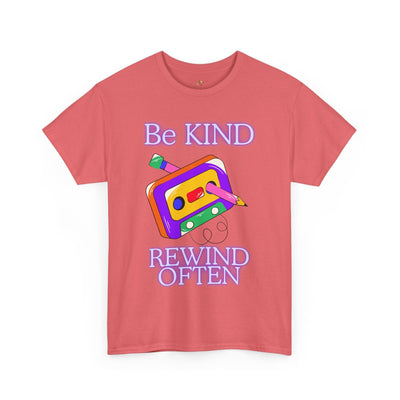 Retro "Be Kind, Rewind Often" unisex t-shirt with cassette design, 90s nostalgia, and positive message.