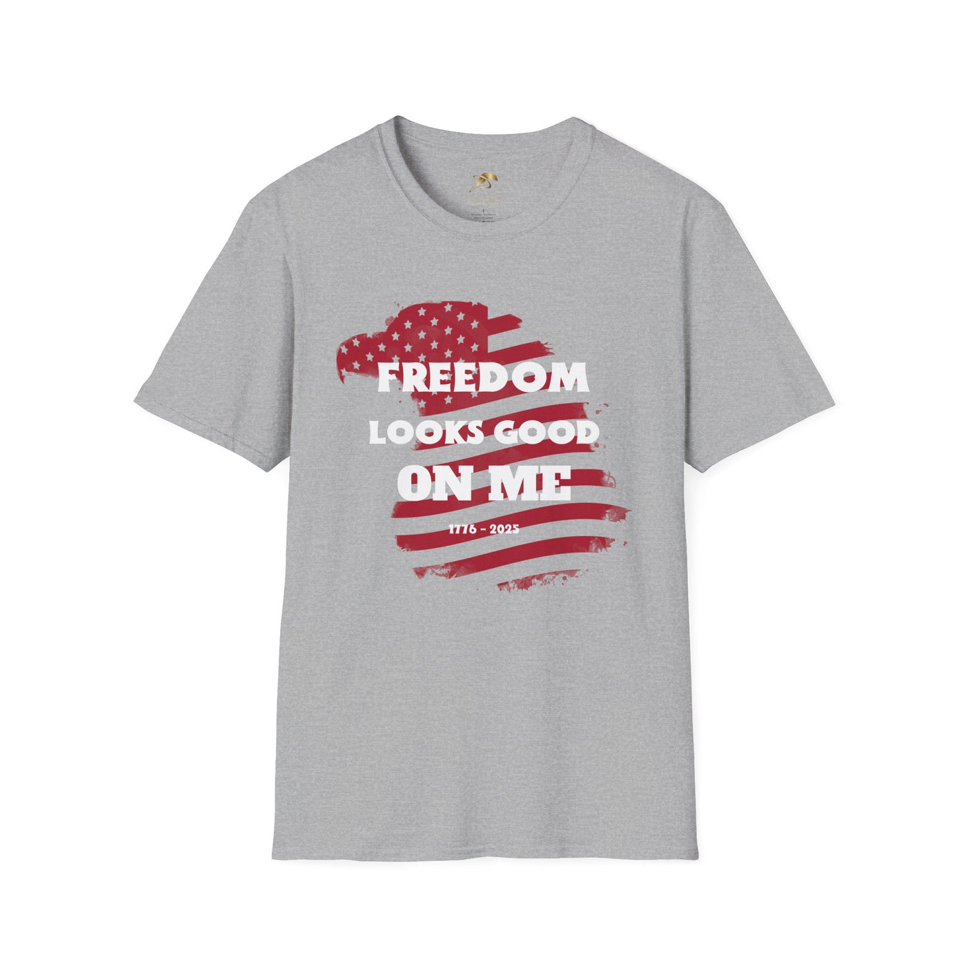 Unisex patriotic party tee for Independence Day celebrations, featuring "Freedom Looks Good On Me" text and American flag design.