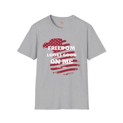 Unisex patriotic party tee for Independence Day celebrations, featuring "Freedom Looks Good On Me" text and American flag design.