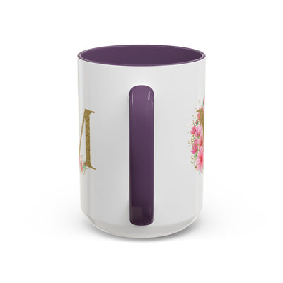 Mother's Day mug with flowers and 'madre' text, featuring purple interior and handle.