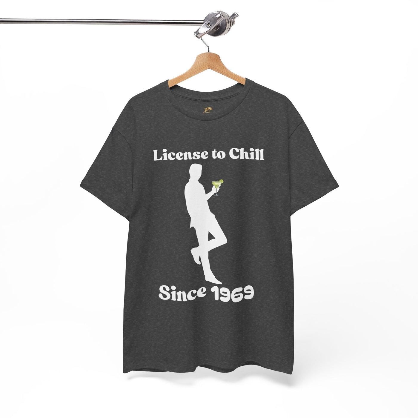 License to Chill t-shirt with margarita print and customizable year, hanging on a hanger.