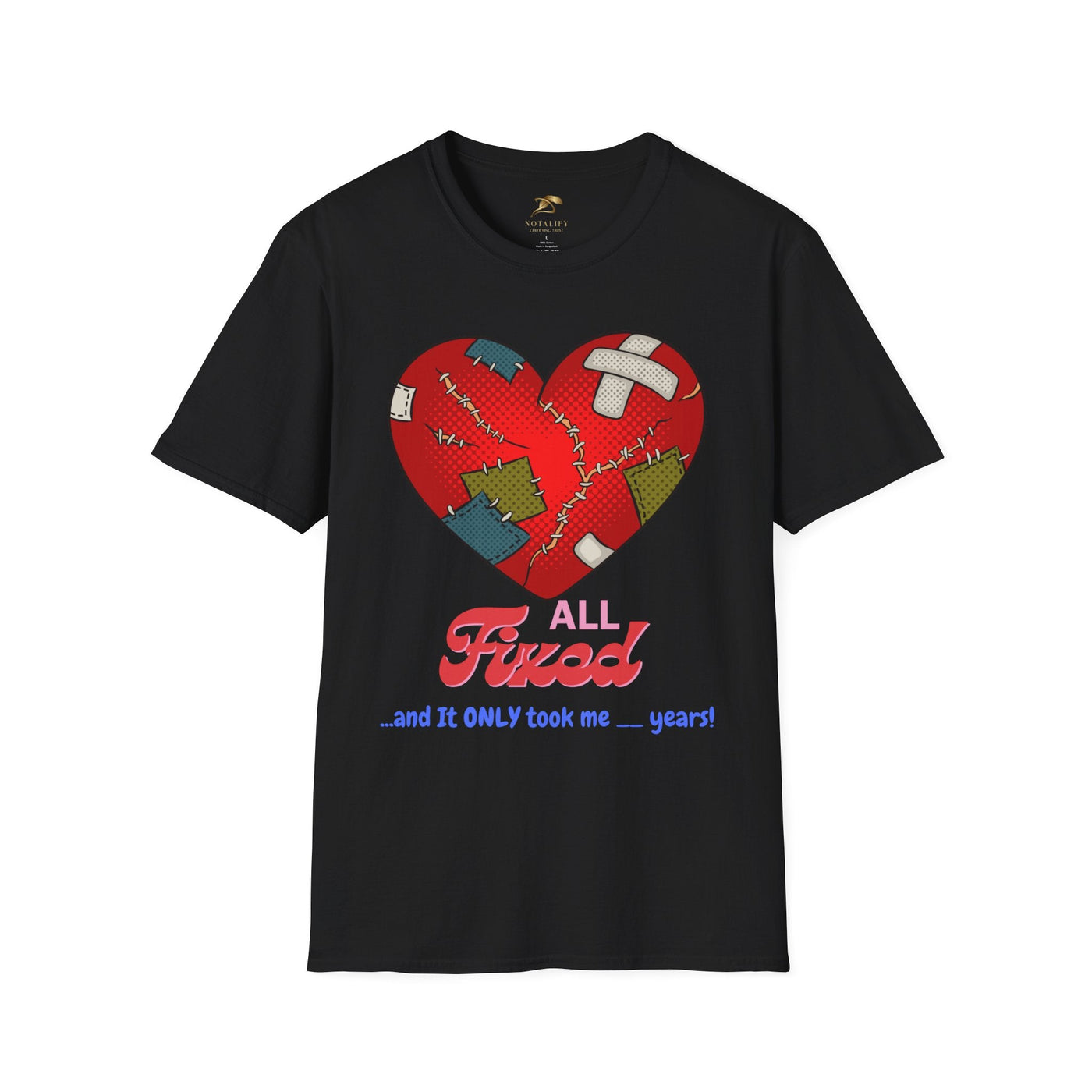 Valentine's Day Heart Fixed Enamorados Unisex T-Shirt for Couples, Black tee with patchwork heart design.