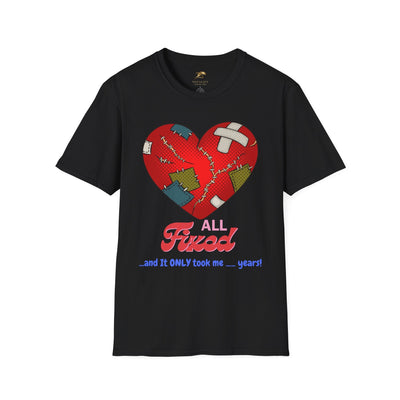 Valentine's Day Heart Fixed Enamorados Unisex T-Shirt for Couples, Black tee with patchwork heart design.