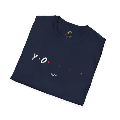 Navy blue unisex Youth Day Celebration t-shirt with colorful dots and classic crew neckline, made from 100% ring-spun cotton.