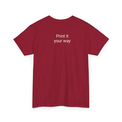 Unisex red coffee T-shirt with "Print it your way" on the back, perfect for espresso lovers and baristas.