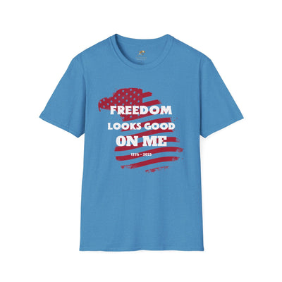 Unisex blue patriotic party tee, "Freedom Looks Good On Me" design for July 4th celebrations, festivals, and BBQs.