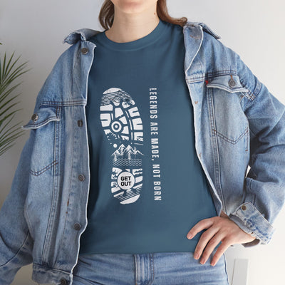 Unisex heavy cotton tee with the text "Legends are made NOT BORN," featuring durable, comfortable fabric and inspirational design.