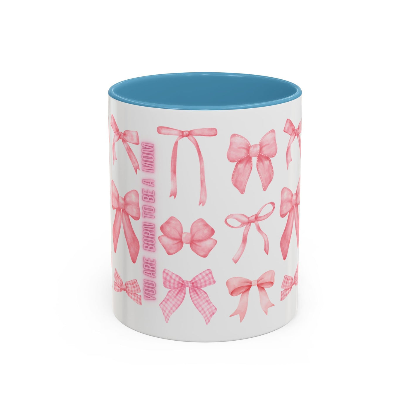 Personalized Mother's Day mug with pink bow design and blue interior.