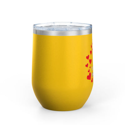 12oz Positive Affirmation Wine Tumbler in yellow with heart design, stainless steel, insulated, with leak-proof lid.