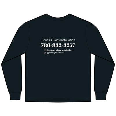 Genesis Glass Installation Logo T-Shirt with red and blue design, ideal for construction crews and branding.