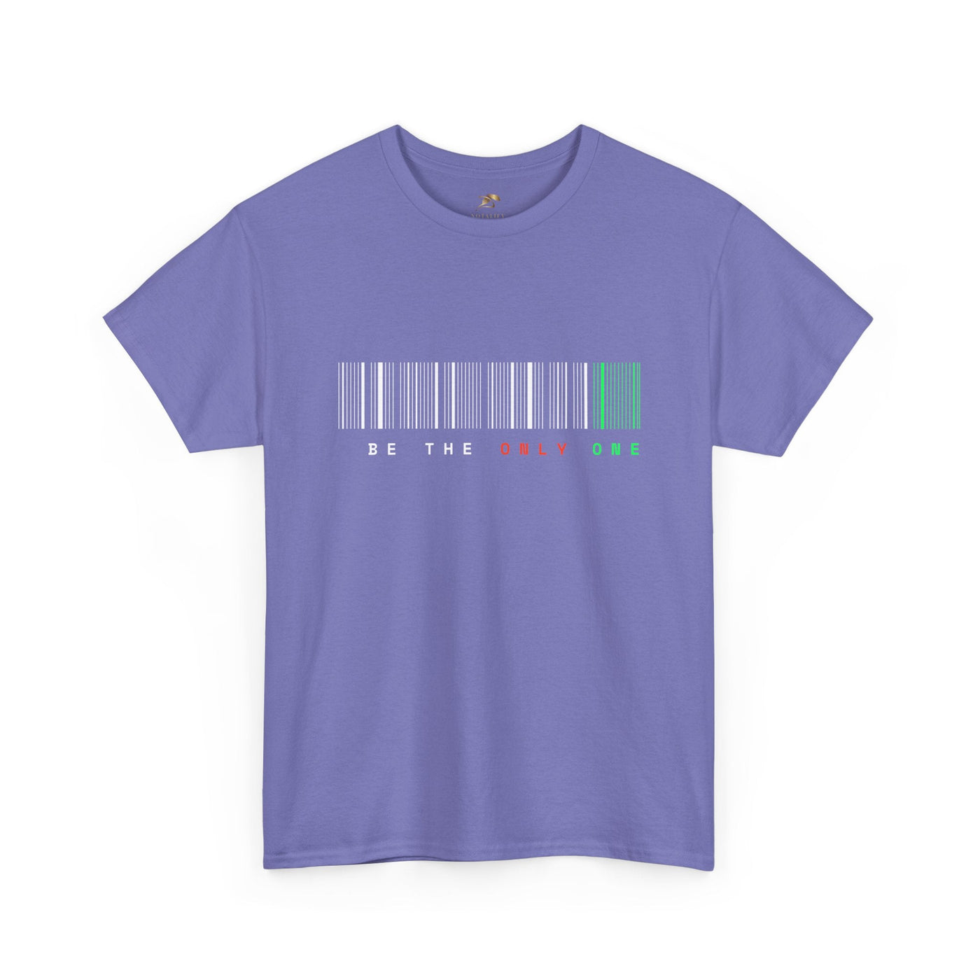 Unique "Be The Only One" barcode t-shirt in blue with a minimalist design
