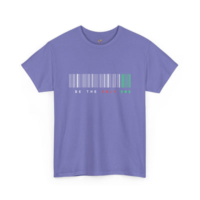 Unique "Be The Only One" barcode t-shirt in blue with a minimalist design