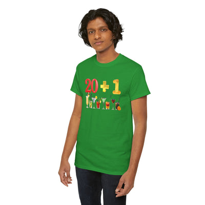 21st Birthday T-Shirt with "20 + 1" Design and Cocktail Graphics, Perfect Gift for Milestone Celebration.