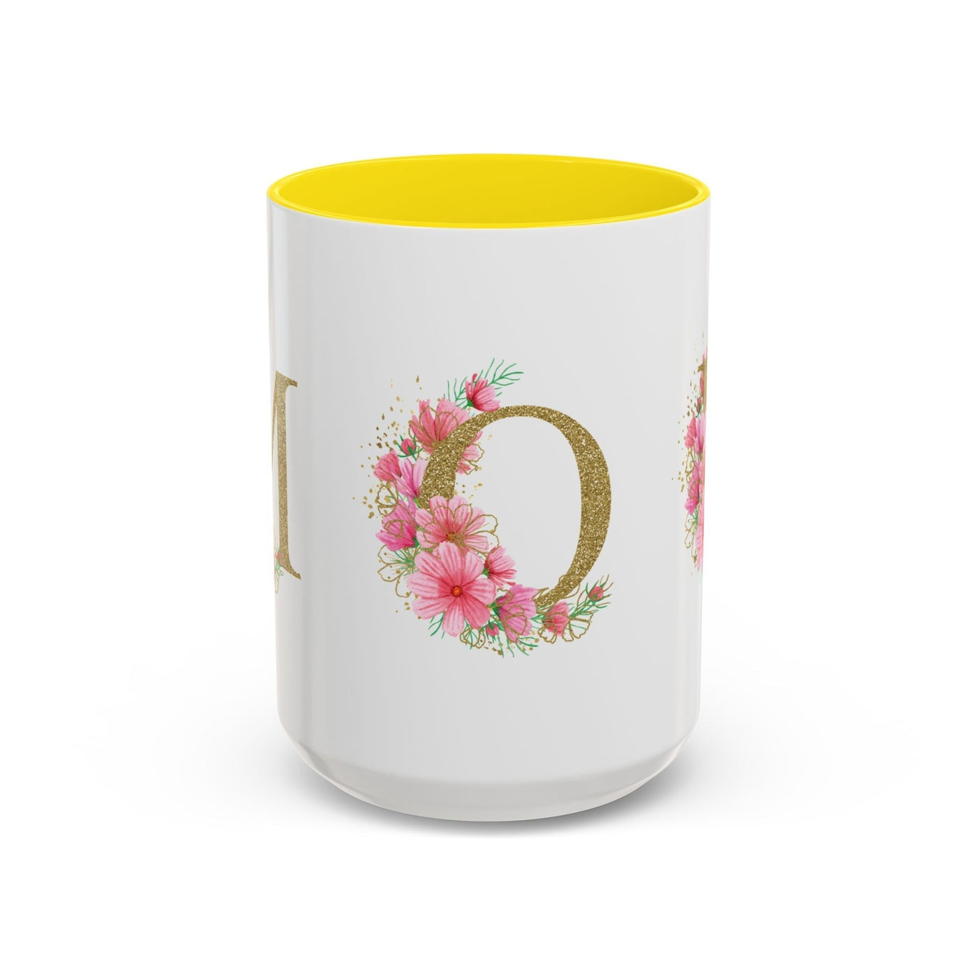 Mother's Day mug with floral design and yellow interior, perfect gift for mom.