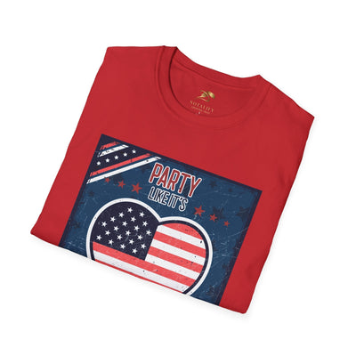 Folded red t-shirt with "Party Like it's 1776" patriotic design featuring American flag heart. Perfect for Independence Day, July 4th celebrations, and festivals.